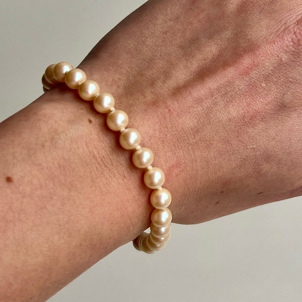 Vintage Faux Pearl Tennis Bracelet with Filigree Fishhook Clasp